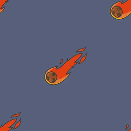 Seamless pattern with flying meteorite. Isolated cartoon hand-drawn illustration on a clean dark background. Color vector.のイラスト素材