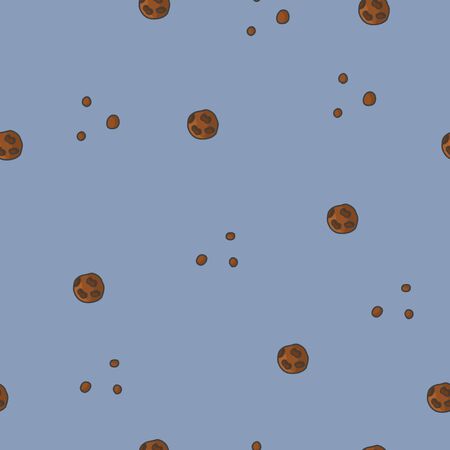 Seamless pattern with the image of asteroids soaring in space, large and small fragments. Cartoon color illustration by hand. Vector on a clean background.のイラスト素材