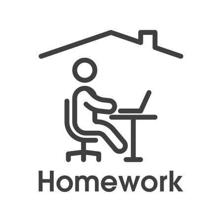 Homework icon. Simple linear image of a man sitting at a table with a laptop under the roof of a house. Isolated vector on white background.のイラスト素材