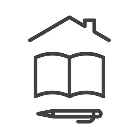 Self-isolation and quarantine home education icon. A simple linear image of a notebook or book, as well as a ballpoint pen or pencil under the roof of the house. Isolated vector on white background.のイラスト素材