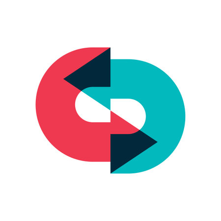 two arrows moving in a circle one after the other with overlapping. Color image of multi-colored arrows, the designation of a circular movement. Isolated vector on white background.のイラスト素材