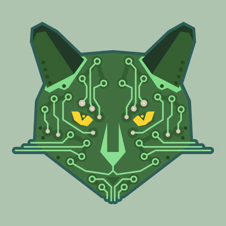 Serious muzzle of a cat stylized as a microcircuit. Cartoon image of a chip for the device. Vector illustration. Sticker.のイラスト素材