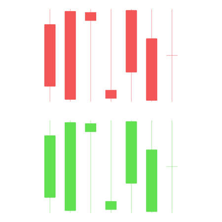 Investment candlestick icon. Various forms and variants of situations in the securities market. Two colors - red and green. Vector illustration on a pure white background.のイラスト素材