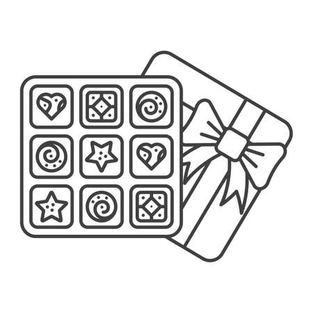 Icon of an open box of sweets for a holiday rewound bow. Valentine Day gift. Lid under the box. Isolated vector on white background.のイラスト素材