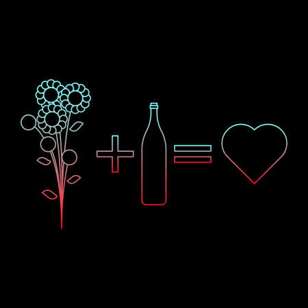 Simple linear illustration of the dating formula - a bouquet of flowers plus a bottle of wine equals love. Gradient colors on a black background. Vector.のイラスト素材