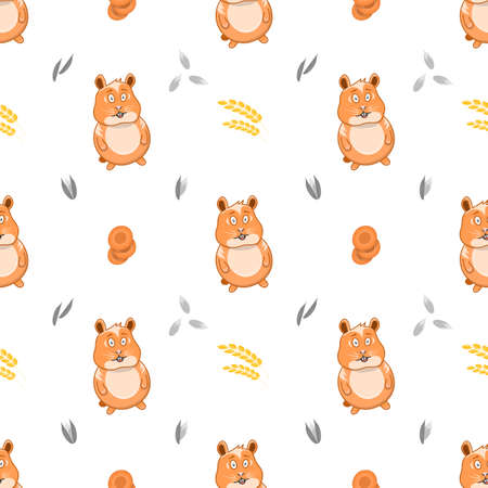 Seamless pattern with cute cartoon hamster. A simple drawing of a pet along with the products of his diet. Vector over white background.のイラスト素材