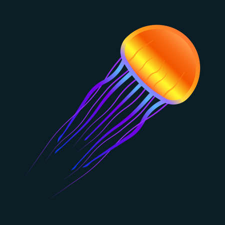 A bright cartoon jellyfish in multicolored iridescent colors. Abstract art design with gradient colors. Vector on dark blue background.のイラスト素材