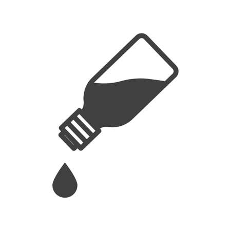 Icon of a bottle with a leaking liquid. Simple line art of a small bottle with a falling drop. Vector over white background.のイラスト素材