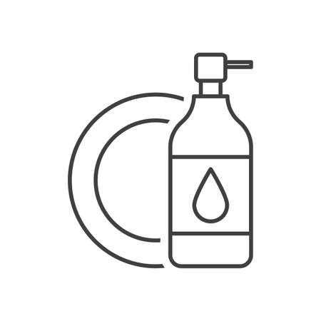 Dishwashing liquid icon. A simple line drawing of detergent and a clean plate. Isolated vector on white background.のイラスト素材