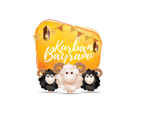 vector illustration. Muslim holiday Eid al-Adha. the sacrifice a ram or white and black sheep. graphic design decoration kurban bayrami. month lamb and a lamp.Translation from Arabic: Eid al-Adhaのイラスト素材