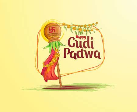 vector festive illustration. Hindu New Year celebration for Marathas and Konkani Gudi Padwa. translation from Indian: Gudi Padwa. design graphics for posters, posters, flyers, offers, booklets, cardsのイラスト素材