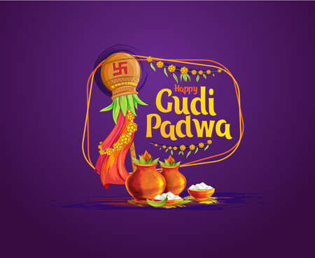 vector festive illustration. Hindu New Year celebration for Marathas and Konkani Gudi Padwa. translation from Indian: Gudi Padwa. design graphics for posters, posters, flyers, offers, booklets, cardsのイラスト素材
