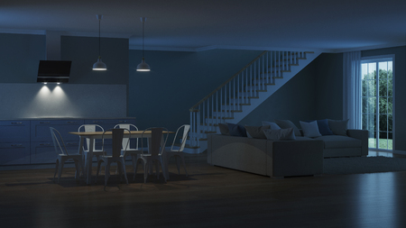 Modern house interior. Night. Evening lighting. 3D rendering.の写真素材