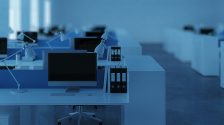 Office space. Open space. Design of office. 3D rendering.