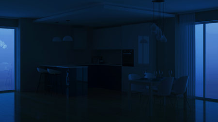 Modern house interior. Evening lighting. Night. 3D rendering.の写真素材