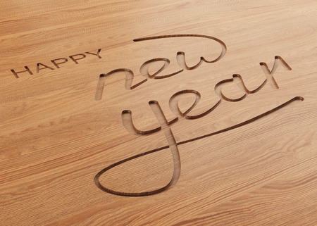 Happy New Year or Christmas background. Text cut out of wood. 3D rendering.の写真素材
