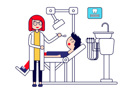 Dental care or treatment. Female dentist examines a patient's tooth. Isolated on white background. Vector illustration.のイラスト素材