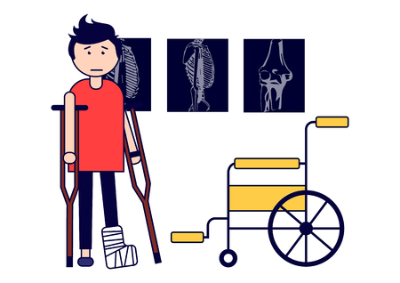 Traumatology. A boy with a broken leg on crutches and with a wheelchair. X-rays. Vector illustration. Isolated on white background. Vector illustration.のイラスト素材