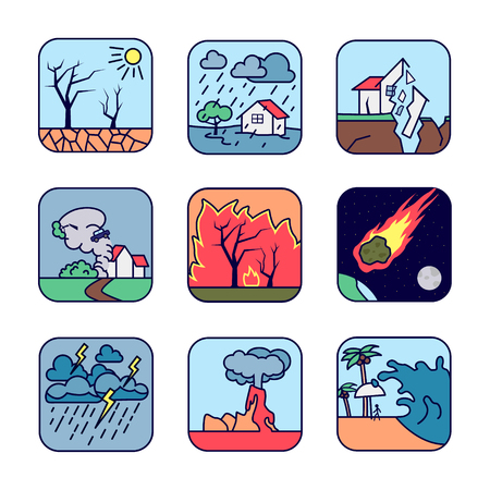 Natural cataclysm icons set. Drought, flood, earthquake, tornado whirlwind, forest fire, fiery meteorite, storm, volcanic eruption, tsunami wave.のイラスト素材