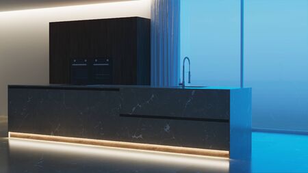 Modern kitchen interior. Dark wood kitchen with island made of natural stone. Night. Evening...