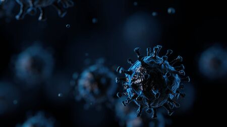 Concept of COVID-19 medical illustration. Coronavirus. Microscope virus close up. 3D rendering.の写真素材
