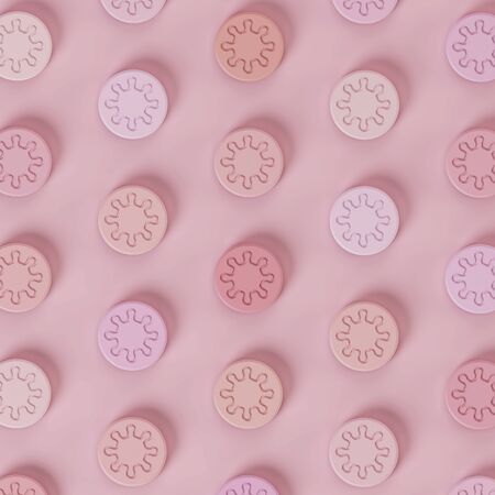 Pills top view. Coronavirus tablets. Covid-19. 3D rendering.の写真素材