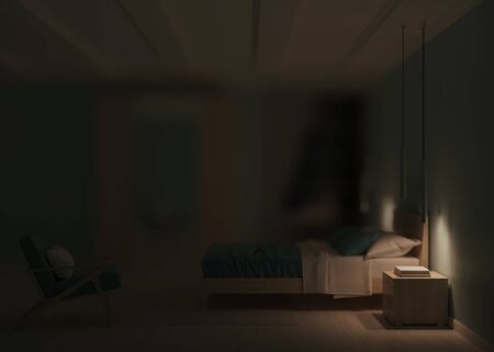 Modern bedroom interior with blue walls. Night. Evening lighting. 3D rendering.の写真素材
