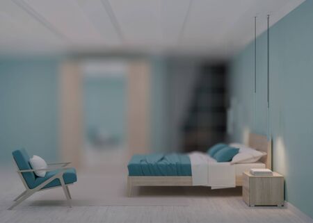 Modern bedroom interior with blue walls. Night. Evening lighting. 3D rendering.の写真素材