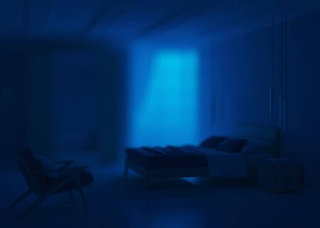 Modern bedroom interior with blue walls. Night. Evening lighting. 3D rendering.の写真素材