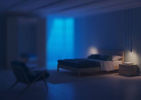 Modern bedroom interior with blue walls. Night. Evening lighting. 3D rendering.の写真素材