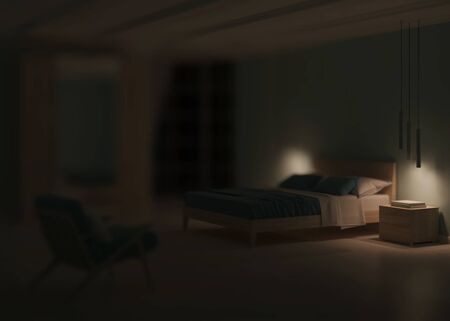 Modern bedroom interior with blue walls. Night. Evening lighting. 3D rendering.の写真素材