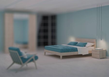 Modern bedroom interior with blue walls. Night. Evening lighting. 3D rendering.の写真素材