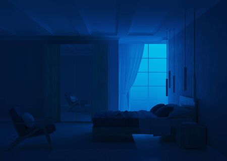 Modern bedroom interior with blue walls. Night. Evening lighting. 3D rendering.の写真素材