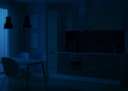 Kitchen interior in a modern style. Night. Evening lighting. 3D rendering.の写真素材
