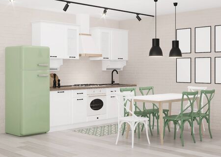 Interior with white classic kitchen with green fridge and light brick walls. 3D rendering.の写真素材