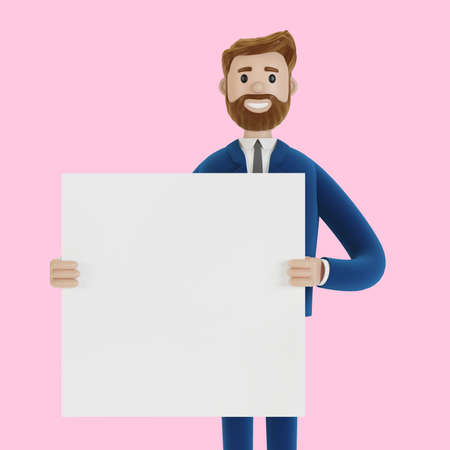 Cartoon character with a poster in his hands. 3D illustration