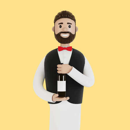 Cartoon character of a waiter with a bottle of wine. 3D illustration.の写真素材