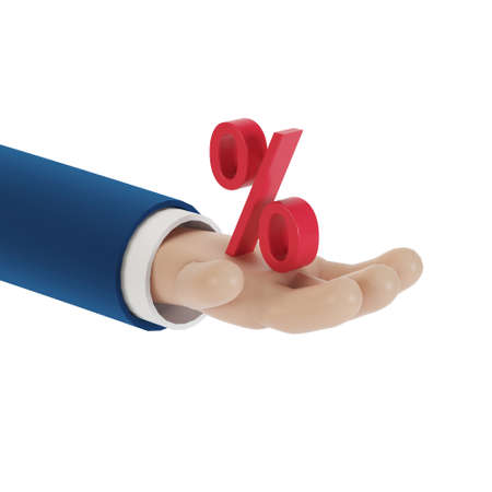Percent sign on a cartoon hand. 3D illustration.