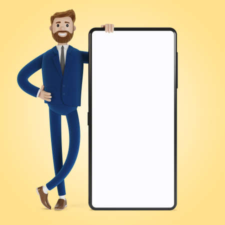 A cartoon character stands with a phone. Mobile app. 3D illustration.