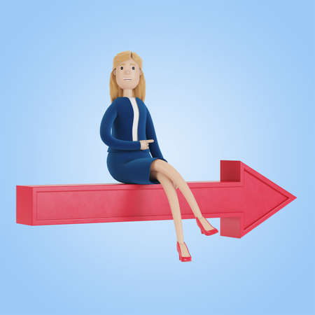 The businesswoman sits on the arrow and shows the right direction. 3D illustration.の写真素材