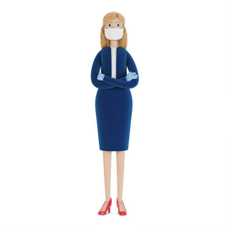 Woman secretary wearing a mask and gloves.3D illustration of a cartoon character.の写真素材