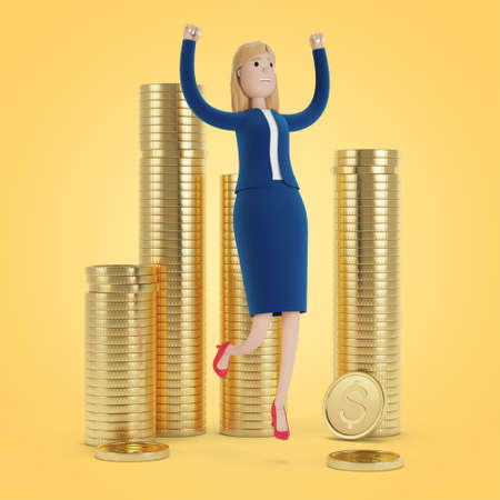 Businesswoman on the background of gold coins rejoices in success. 3D illustration in cartoon style.の写真素材