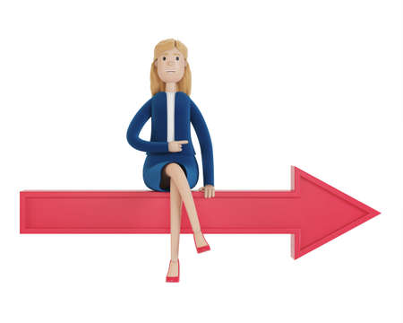 The businesswoman sits on the arrow and shows the right direction. 3D illustration.の写真素材