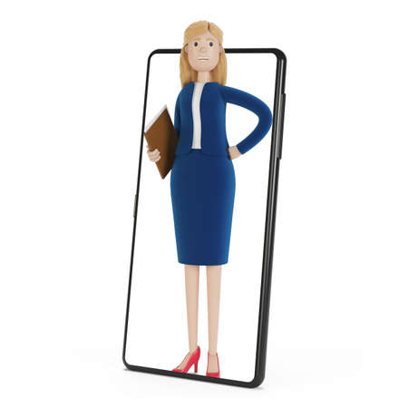 The businesswoman is in the big phone. Online business concept. 3d illustration of a cartoon character.の写真素材
