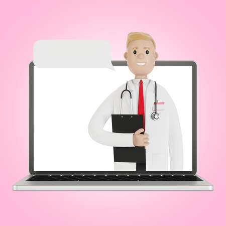 Laptop screen with male doctor. Online health insurance concept. The doctor holds the contract. 3D illustration in cartoon style.の写真素材