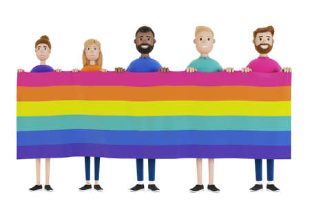 A group of people are holding the  flag.   community.3D illustration in cartoon style.