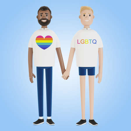 Two men in T-shirts are holding hands. 3D illustration in cartoon style.の写真素材