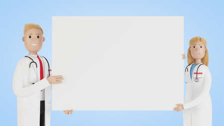 Doctors. Medical specialists man and woman holding blank poster. 3D illustration in cartoon style.