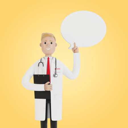 The male doctor raised his finger up to give advice or advice. Doctor with speech bubble. 3D illustration in cartoon style.の写真素材
