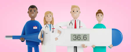Doctors. A group of medical workers are holding a thermometer. Chief physician and medical...